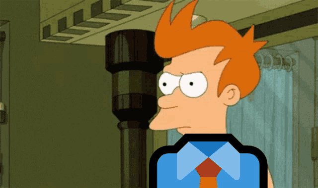 a cartoon character with red hair and a blue shirt and red tie