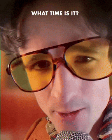 a close up of a person 's face with the words " what time is it " above