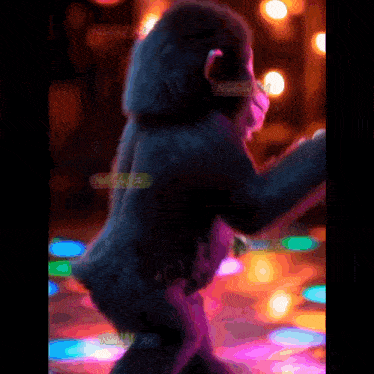 a monkey is dancing on a colorful dance floor in a painting by neladelbel