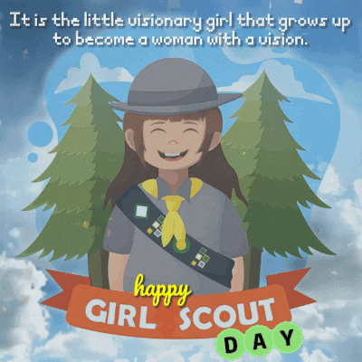 a happy girl scout day greeting card with a girl in a hat