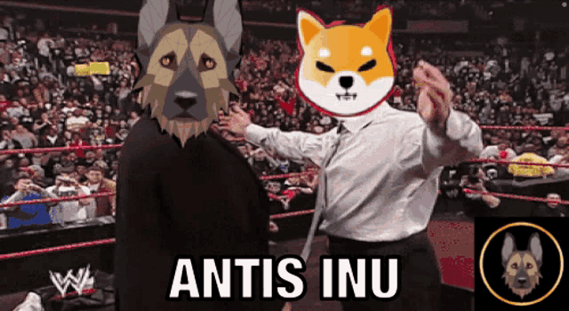 a man with a dog head shakes hands with a man with a dog head that says antis inu on it