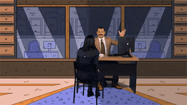 a man in a suit and tie is talking to a woman who is sitting at a desk