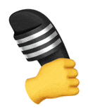 a yellow hand is holding a black and white striped slipper .