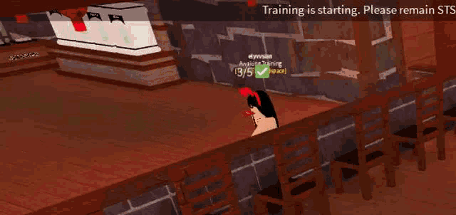 a woman is laying on a wooden floor in a video game with a message that says training is starting .