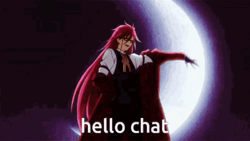 a red haired anime character is standing in front of a full moon and says hello chat .