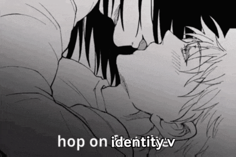 a black and white drawing of a man kissing another man with the words hop on identity v below it