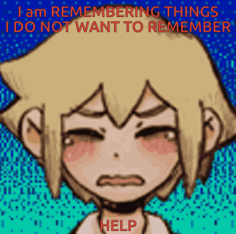 a pixel art drawing of a boy with the words `` i am remembering things i do not want to remember help '' .