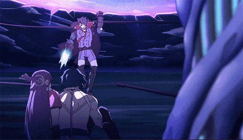 a cartoon of a man holding a sword standing next to a girl
