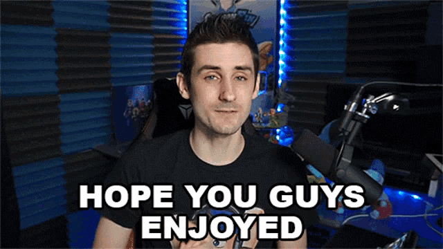 a man sitting in front of a microphone with the words hope you guys enjoyed below him