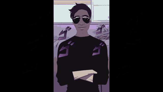 a cartoon of a man wearing sunglasses and a black shirt with purple lettering