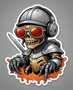 a sticker of a skeleton wearing headphones holding a sword