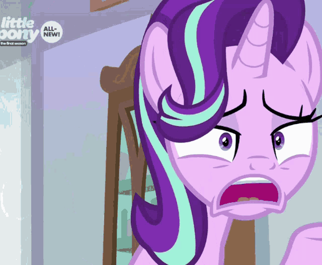 a cartoon of a purple pony with the words little pony all new on the bottom