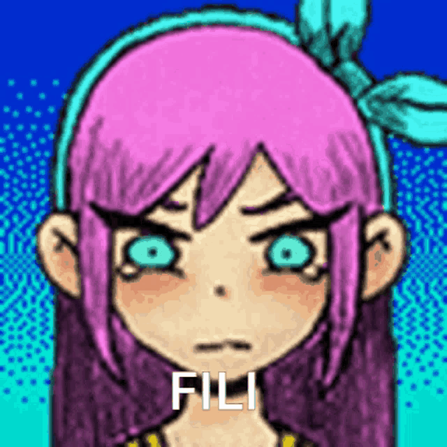a cartoon girl with pink hair and green eyes is making a funny face and says fili .