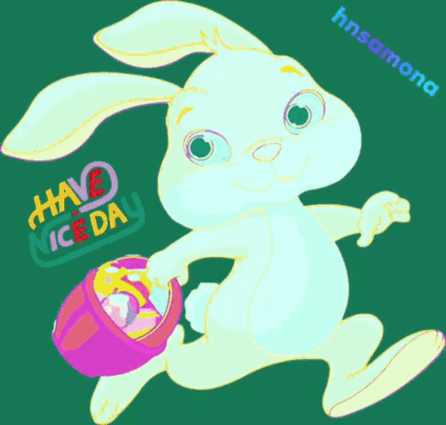 a cartoon rabbit is holding a basket with the words have nice day behind it
