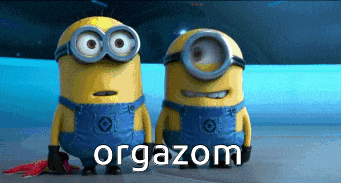 a couple of minions standing next to each other with the word orgazom written on the bottom