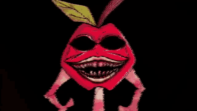 a drawing of a red apple with a leaf on top
