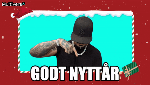 a man wearing a ny hat is pointing at something in front of a christmas background that says multivers