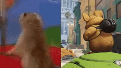 two cartoon characters are standing next to each other on a red and green background