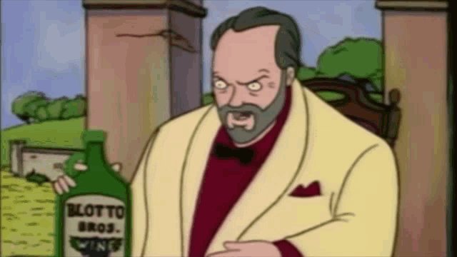 a cartoon of a man holding a bottle of blotto wine
