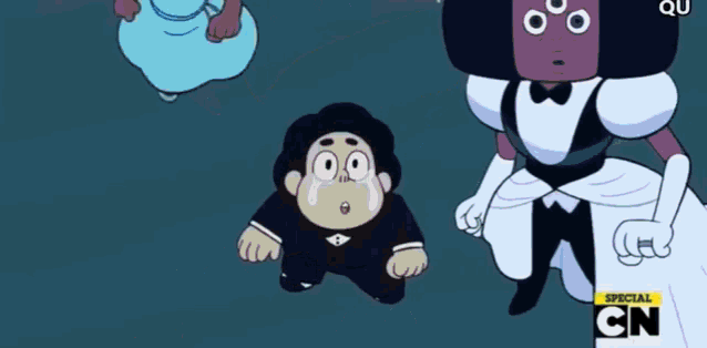a group of cartoon characters standing next to each other with special cn on the bottom right