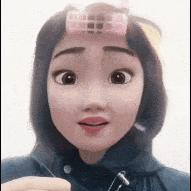 a woman with curlers in her hair is wearing a cartoon character .