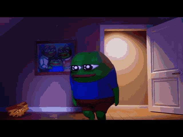 a cartoon character is standing in front of a door