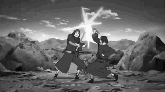 a black and white cartoon of two ninjas fighting with swords in a desert .