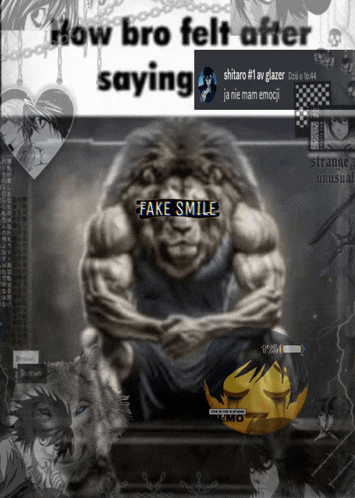 a picture of a man with fake smile written on his face