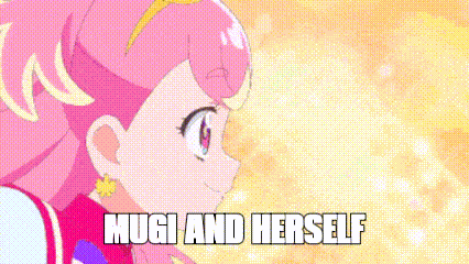 a pink anime girl is standing in front of a yellow background with the words `` mugi and herself '' .