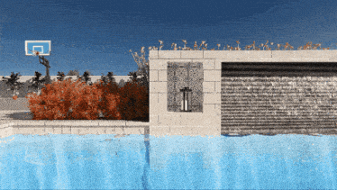 a basketball hoop sits above a pool with a waterfall in the background