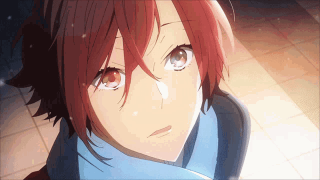 a close up of a red haired anime character with a scarf around her neck