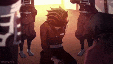 a cartoon of a man kneeling down in front of a group of people with wistxria in the corner
