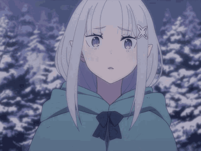 a girl with white hair is wearing a blue cape with a bow