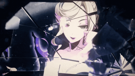 a drawing of a girl with blonde hair is behind a broken glass