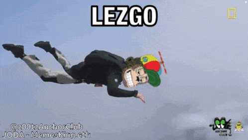 a cartoon of a man flying through the air with the word lezgo above him