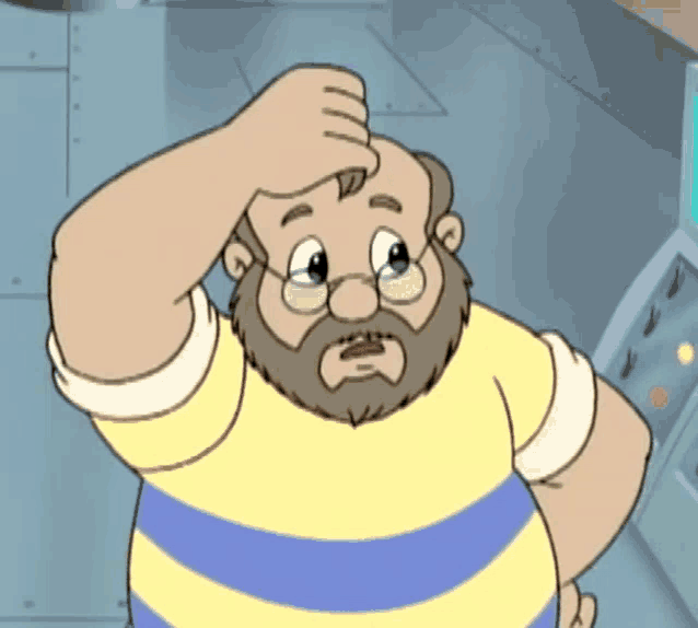 a cartoon character with a beard and glasses scratches his head