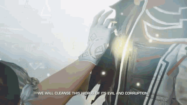 a person wearing a glove is touching another person 's shoulder while saying we will cleanse this world
