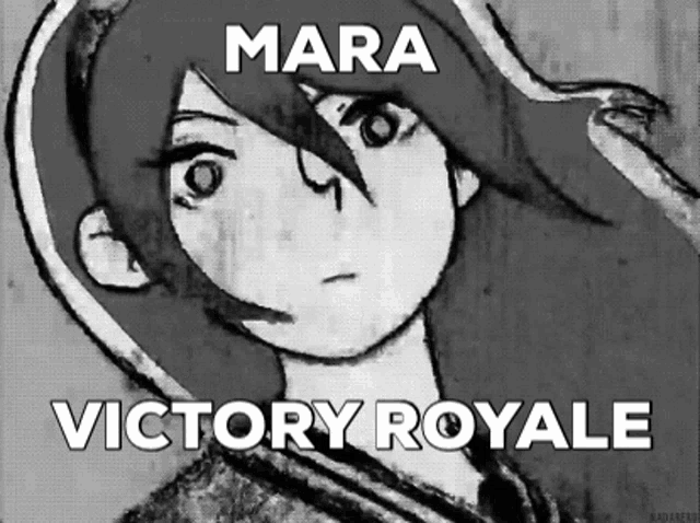 a black and white drawing of a girl with the words `` mara victory royale '' written below her .