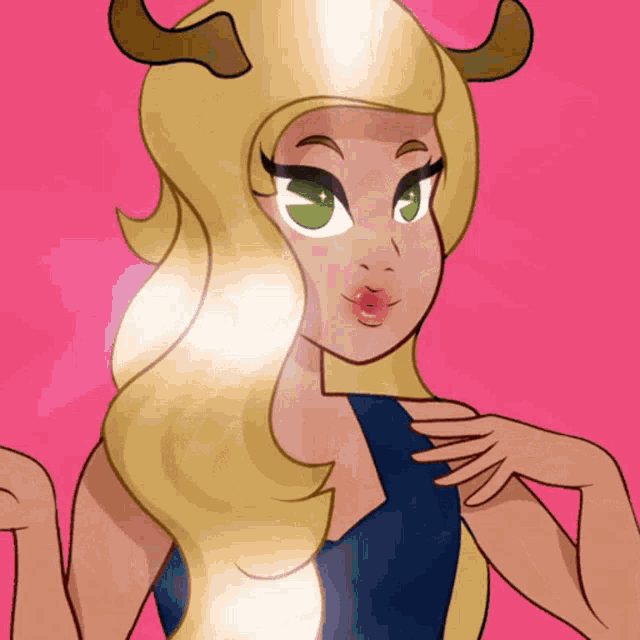 a cartoon drawing of a woman with long blonde hair and horns
