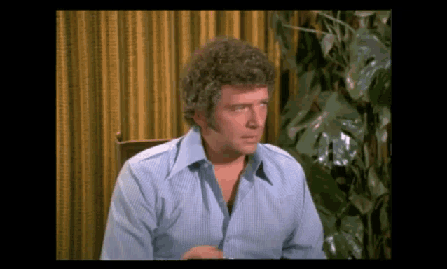 a man with curly hair and a blue shirt is sitting in a chair in front of a plant .