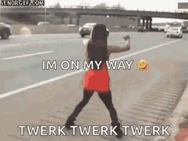 a woman is dancing on the side of a highway with the words im on my way twerk twerk twerk written below her