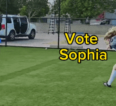 a girl is kicking a soccer ball on a field with the words vote sophia on the bottom