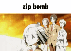 a group of anime characters are standing next to each other with the words zip bomb written above them .