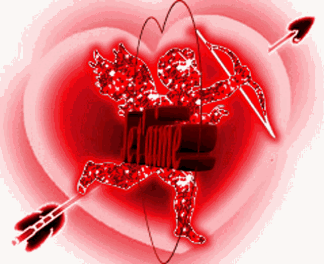 a cupid with a bow and arrow in front of a heart that says i love