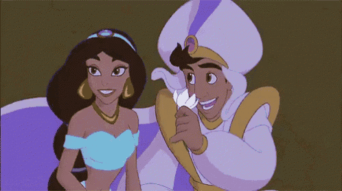 jasmine and aladdin from the movie aladdin are smiling and looking at each other