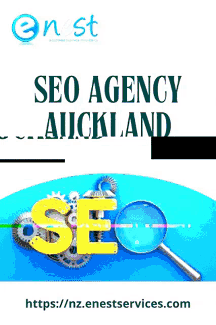 a poster for an seo agency in auckland with gears and a magnifying glass