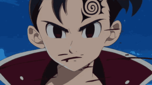 a close up of a cartoon character with a swirl tattoo on his forehead