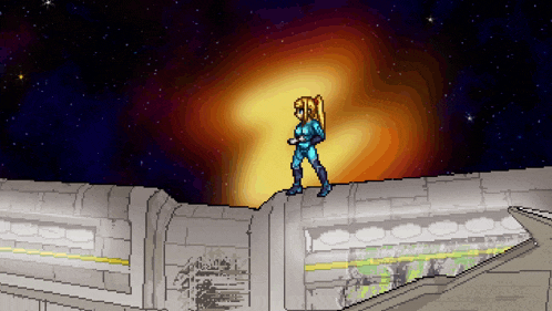 a pixel art of a woman standing on a ledge