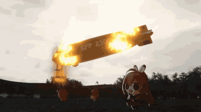 a cartoon girl stands in front of a kfp 230 bomb