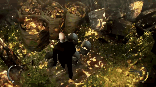 a man in a suit is standing in front of a pile of leaves in a video game